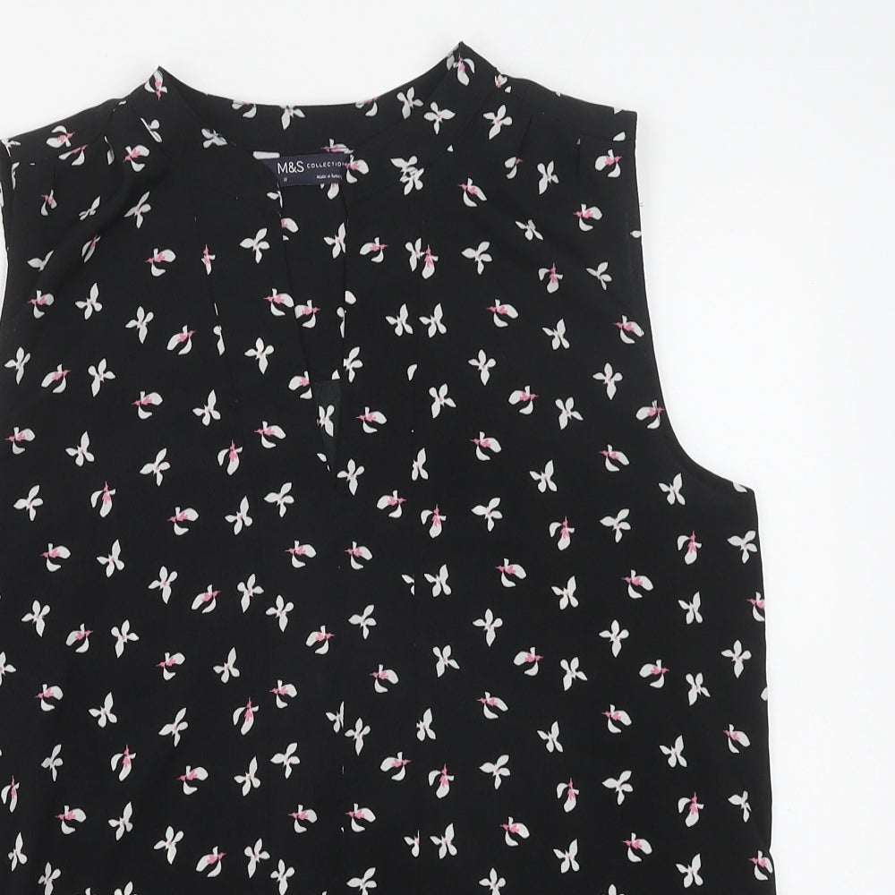 Marks and Spencer Womens Black Floral Polyester Basic Blouse Size 10 V-Neck