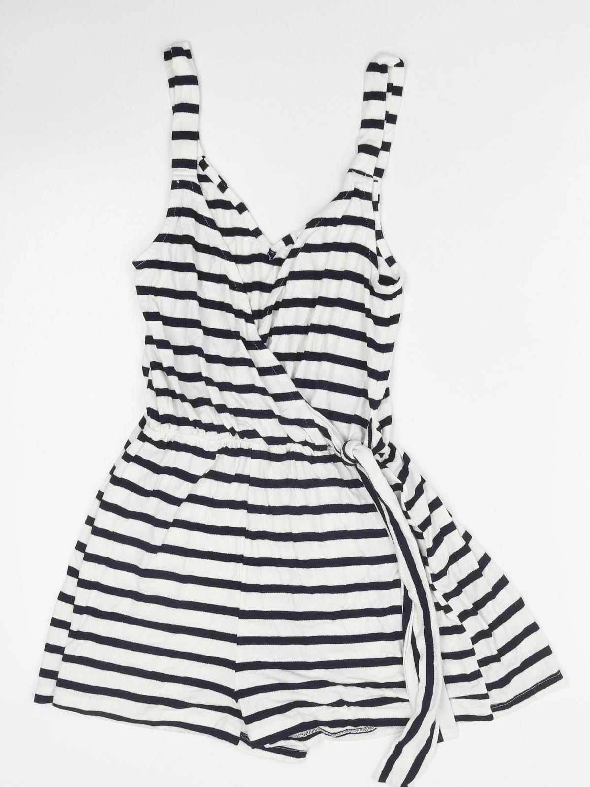 Pull&Bear Womens White Striped Cotton Playsuit One-Piece Size S Pullover