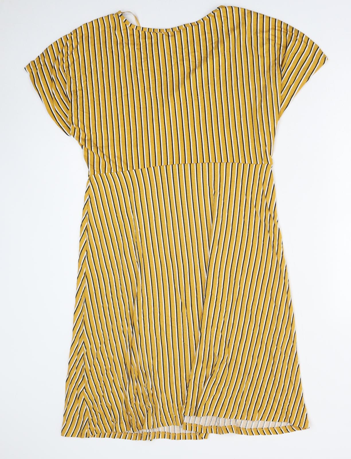 Debenhams Womens Yellow Striped Polyester Fit & Flare Size 16 V-Neck Pullover