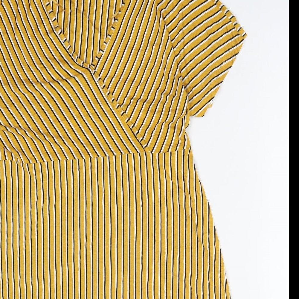 Debenhams Womens Yellow Striped Polyester Fit & Flare Size 16 V-Neck Pullover