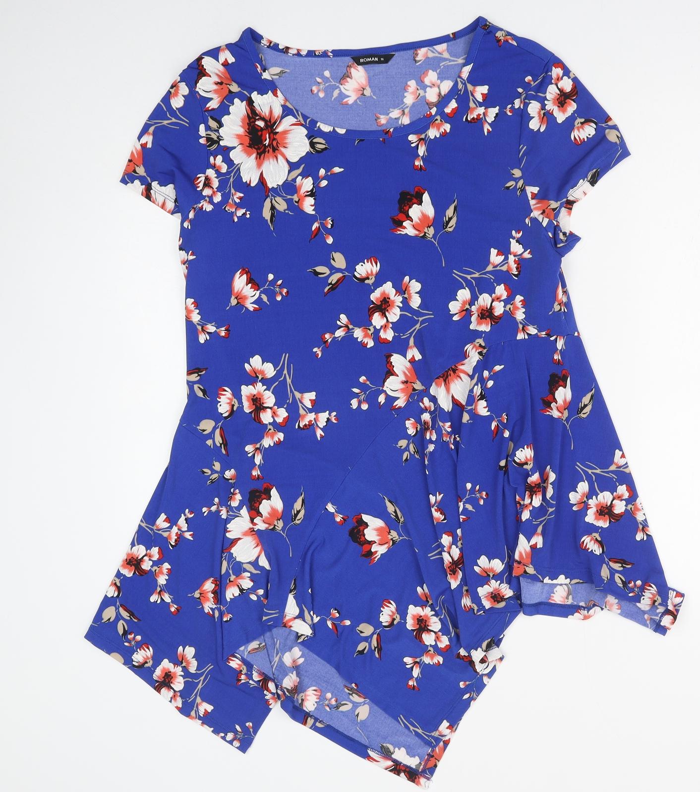 Roman Womens Blue Floral Polyester Basic T-Shirt Size 16 Round Neck