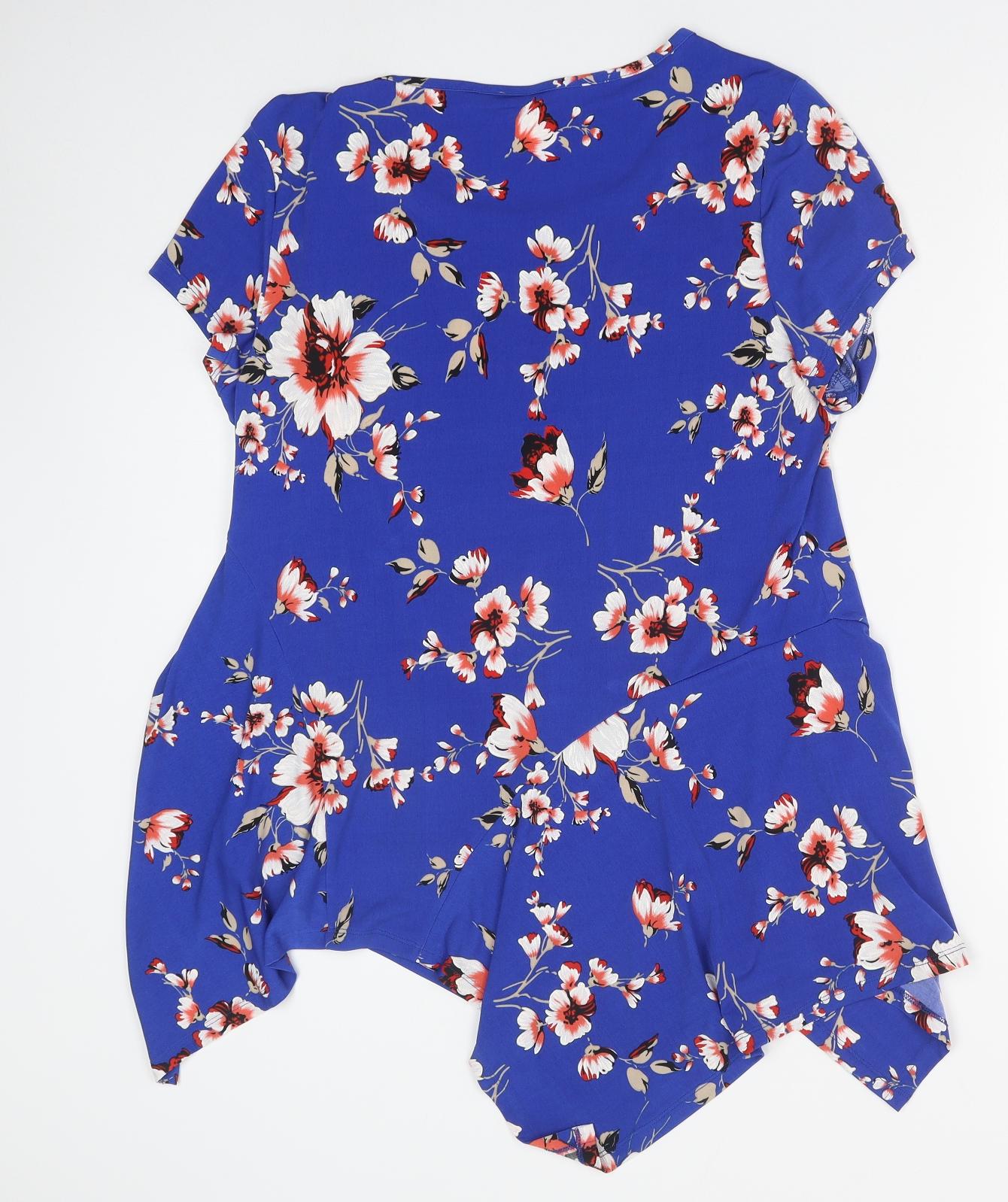 Roman Womens Blue Floral Polyester Basic T-Shirt Size 16 Round Neck