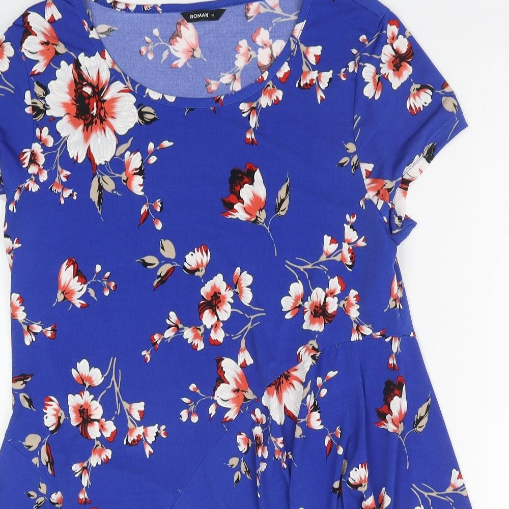 Roman Womens Blue Floral Polyester Basic T-Shirt Size 16 Round Neck
