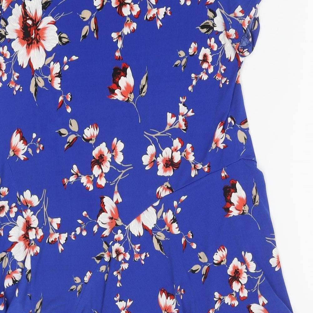 Roman Womens Blue Floral Polyester Basic T-Shirt Size 16 Round Neck