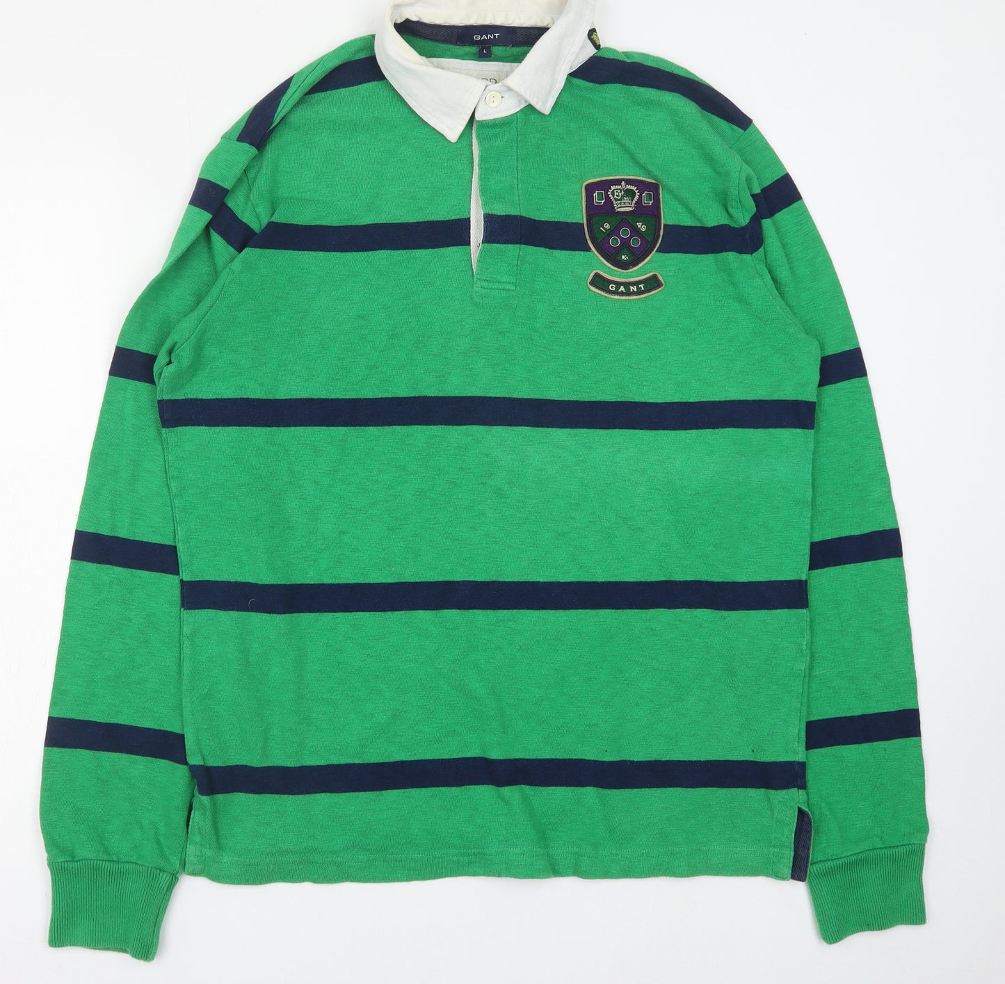 GANT Mens Green Striped Cotton Polo Size L Collared Button