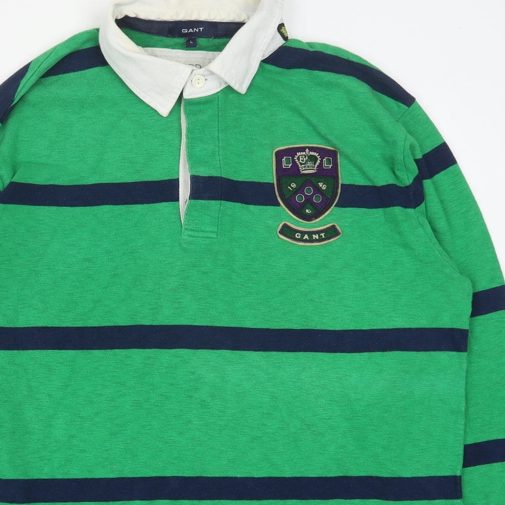 GANT Mens Green Striped Cotton Polo Size L Collared Button