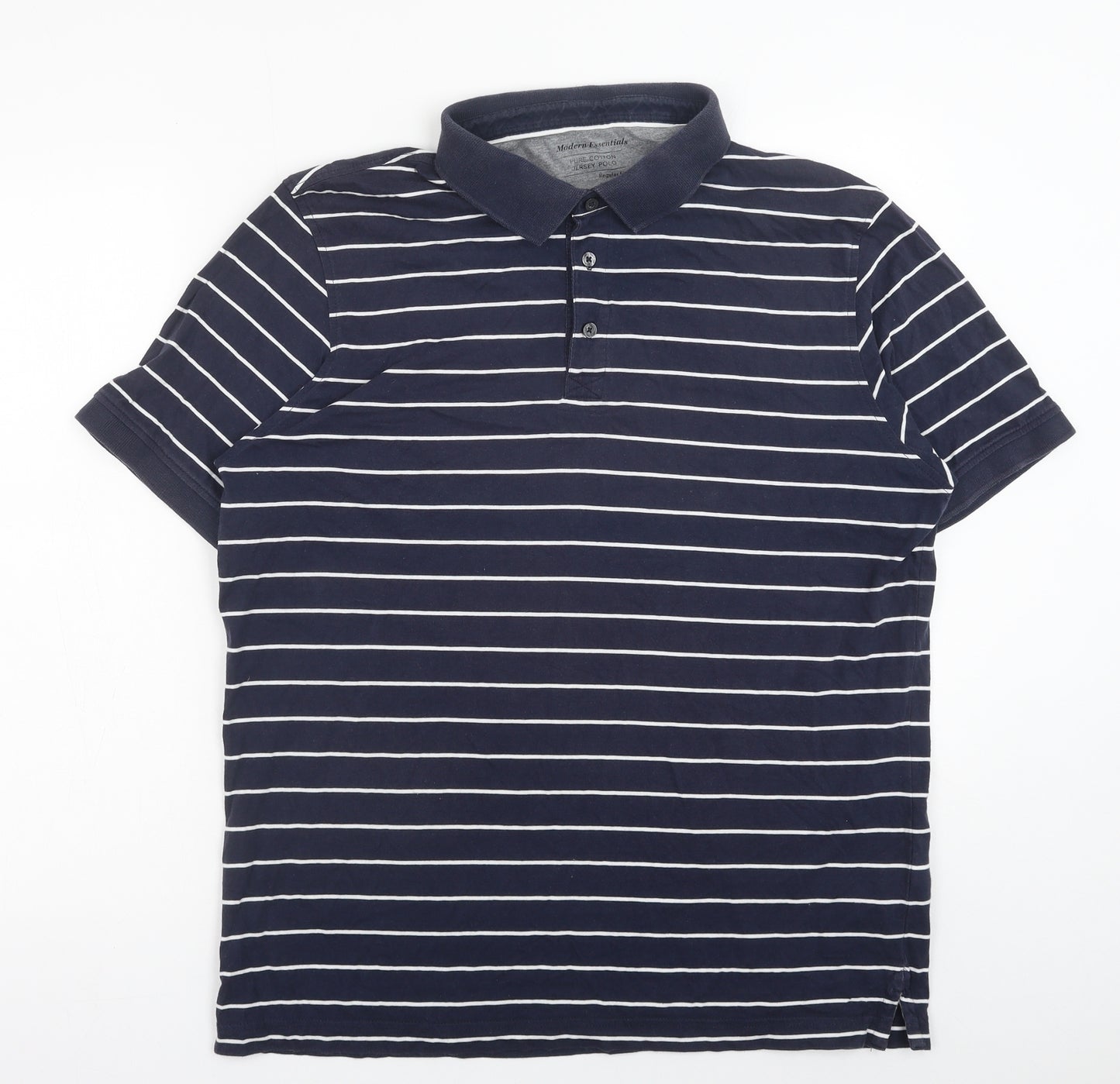 Marks and Spencer Mens Blue Striped Cotton Polo Size L Collared Button
