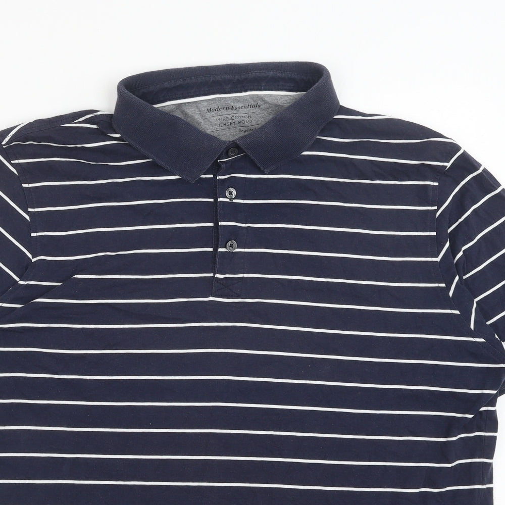 Marks and Spencer Mens Blue Striped Cotton Polo Size L Collared Button