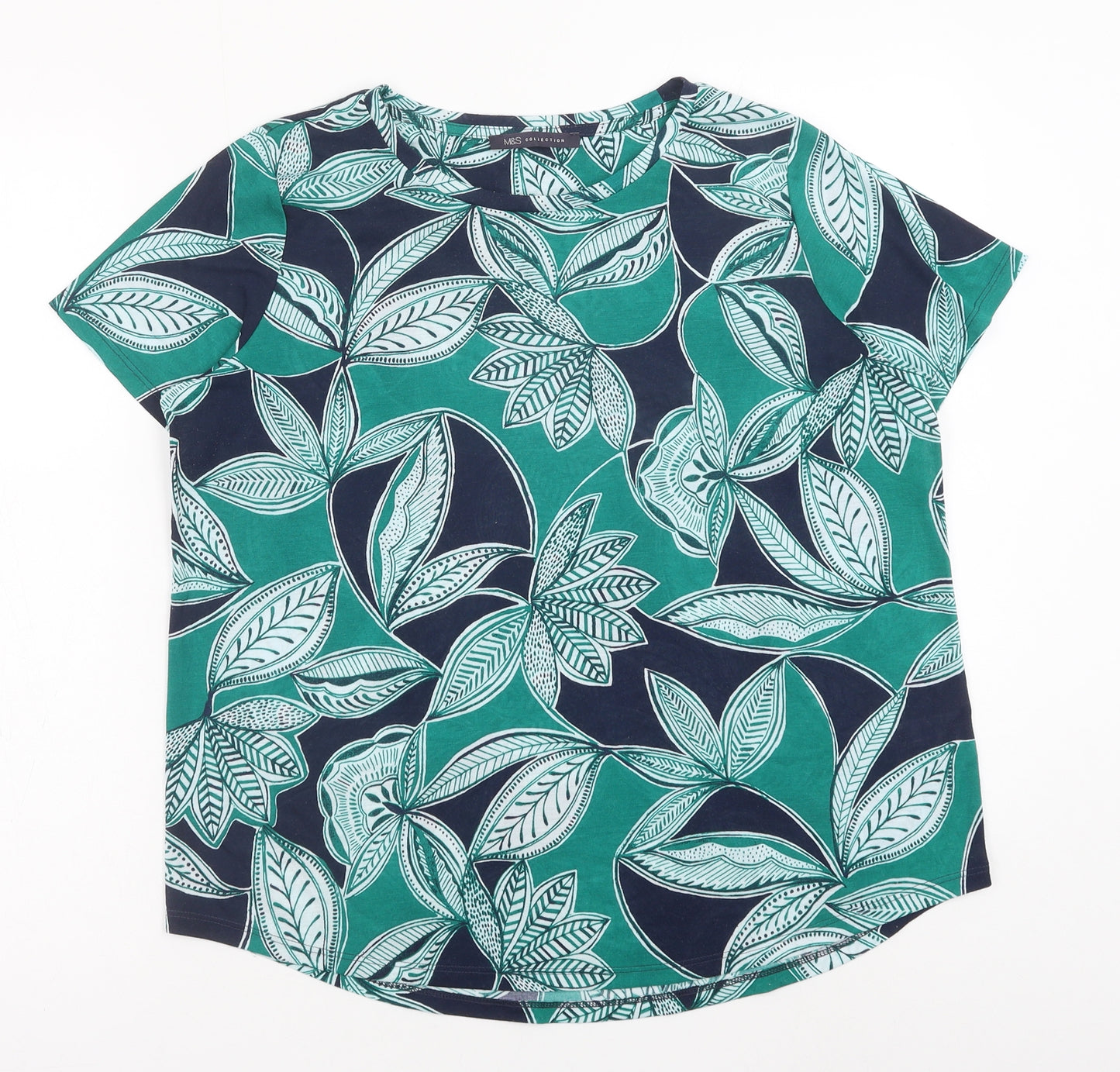Marks and Spencer Womens Green Floral Cotton Basic Blouse Size 16 Round Neck
