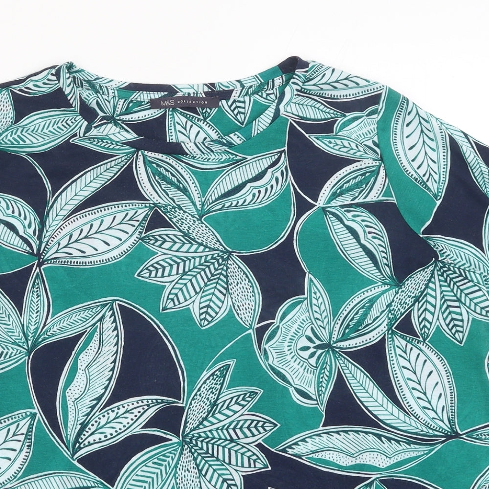 Marks and Spencer Womens Green Floral Cotton Basic Blouse Size 16 Round Neck