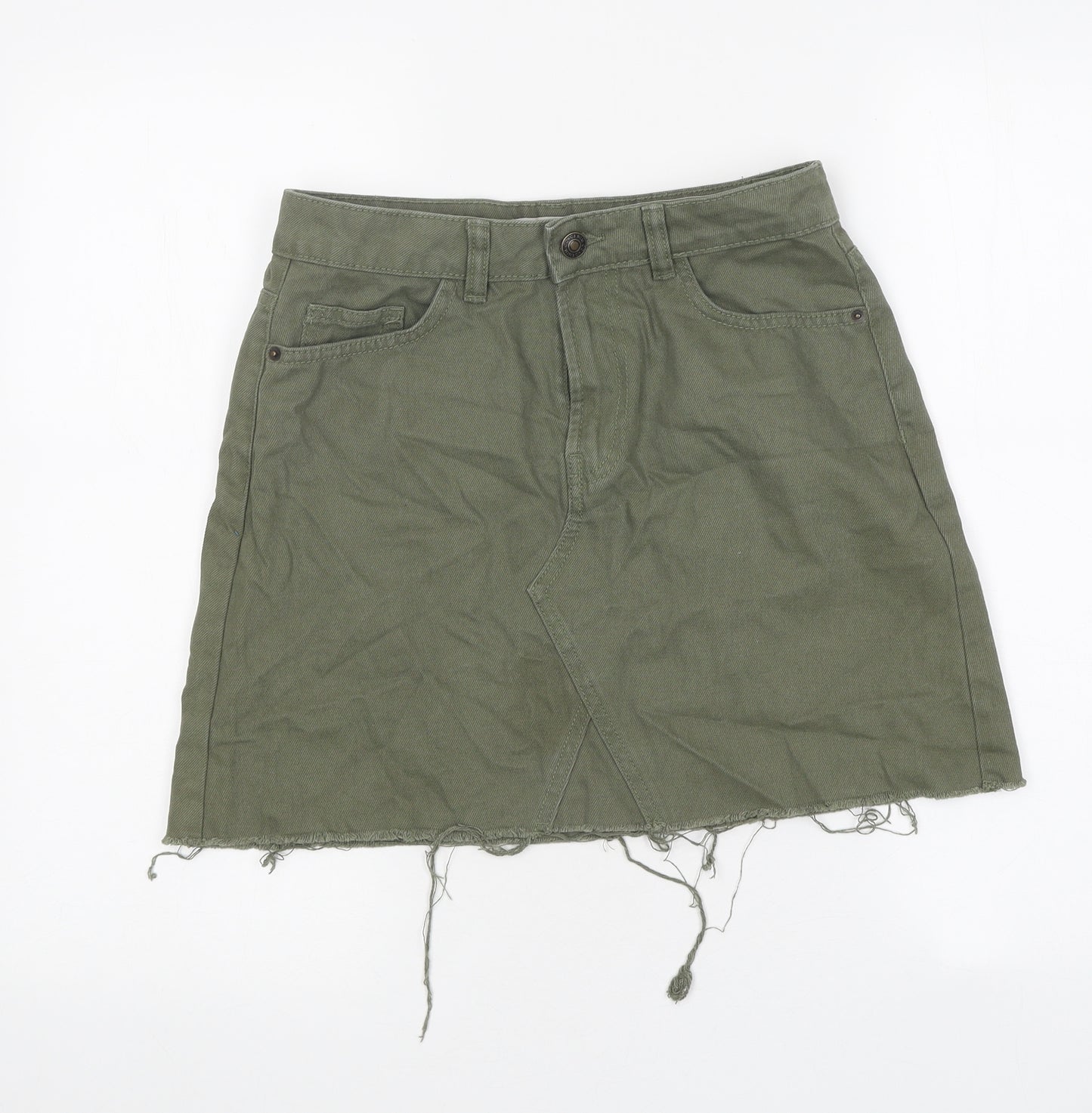 Primark Womens Green Cotton Mini Skirt Size 8 Zip - Distressed Look