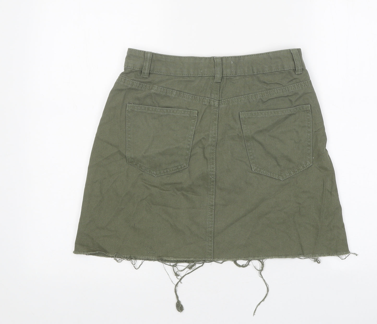 Primark Womens Green Cotton Mini Skirt Size 8 Zip - Distressed Look