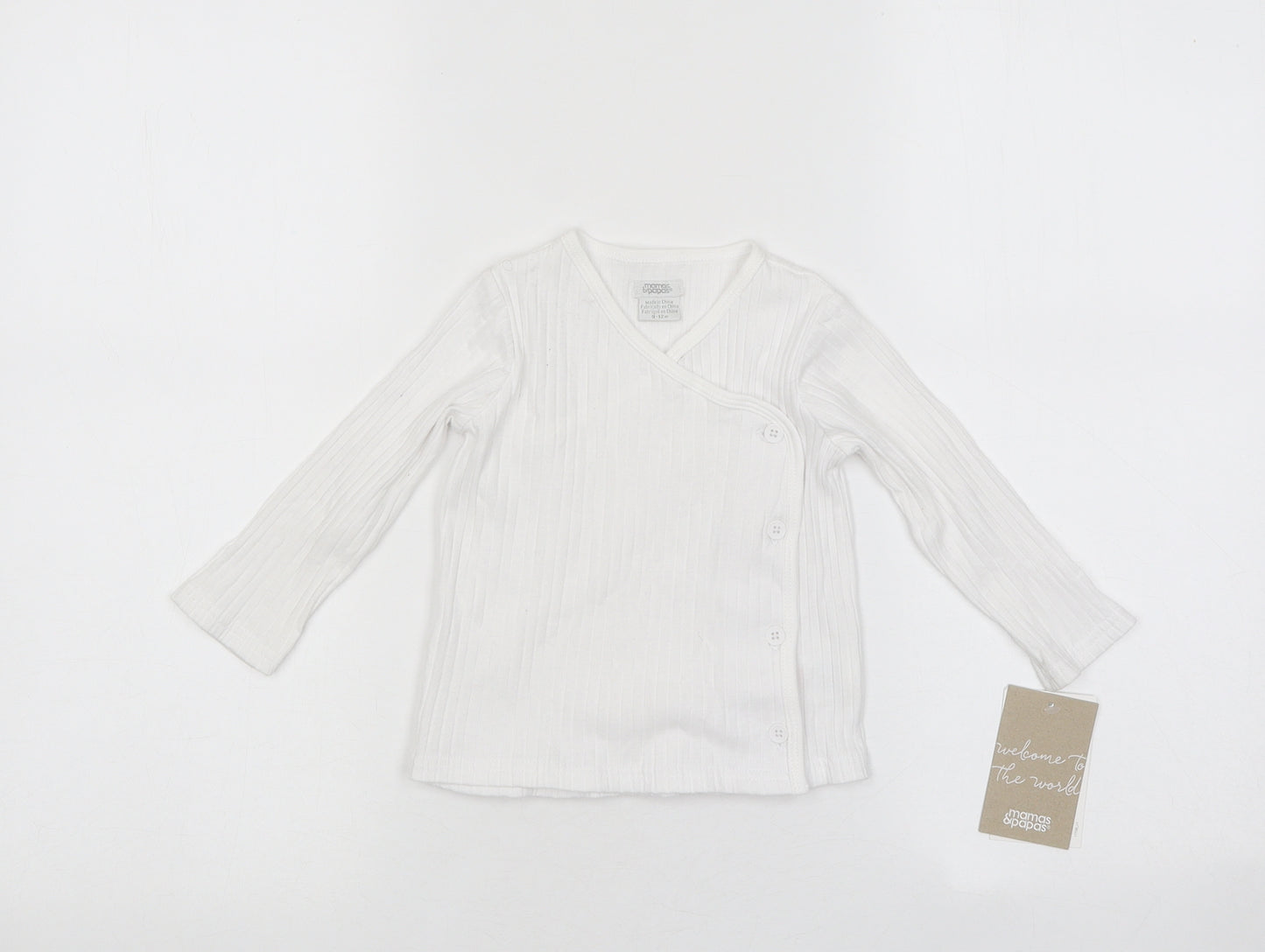 mamas & papas Baby White 100% Cotton Basic T-Shirt Size 9-12 Months V-Neck Snap