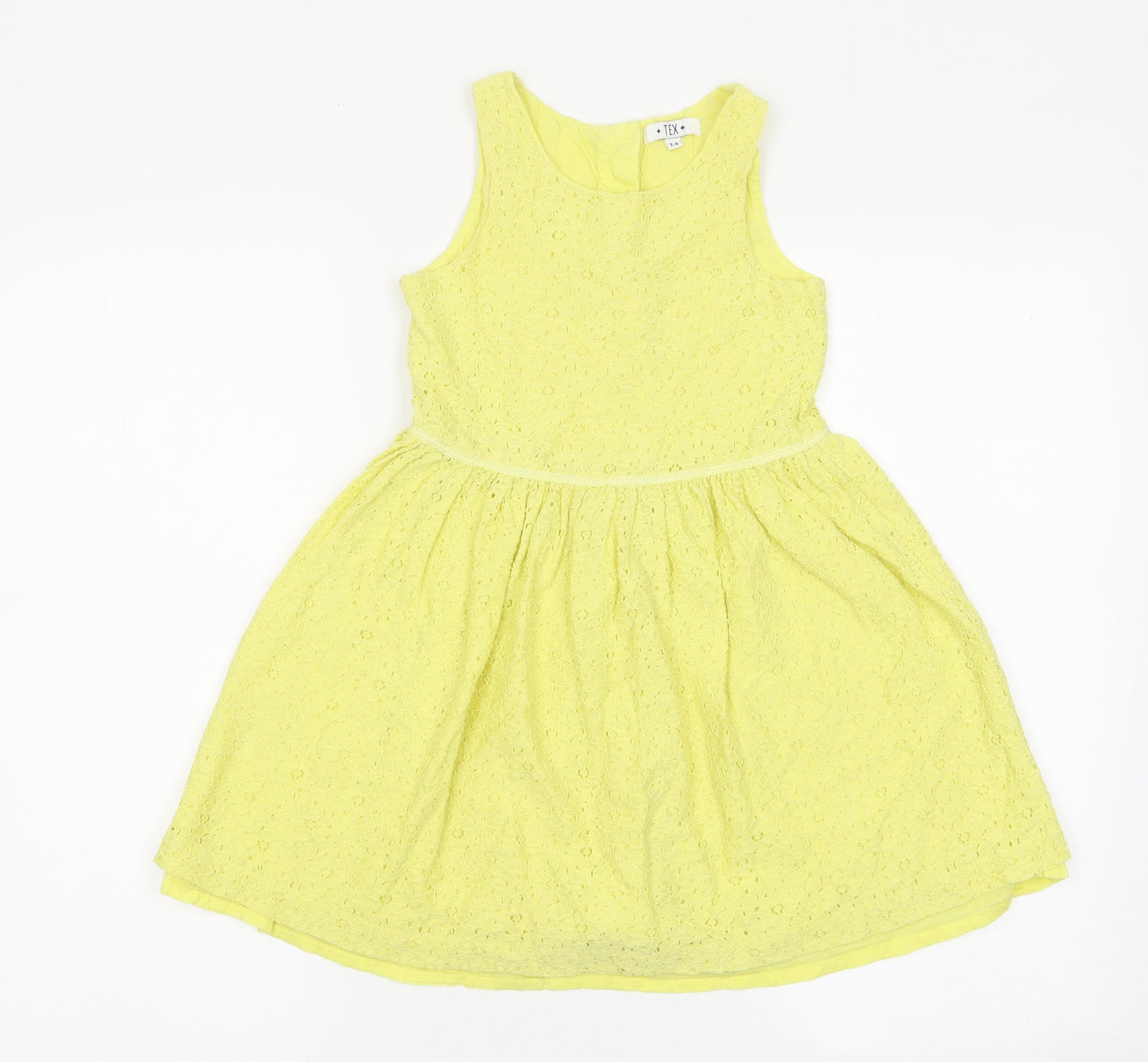 TEX Girls Yellow Floral 100% Cotton Fit & Flare Size 7-8 Years Round Neck Button