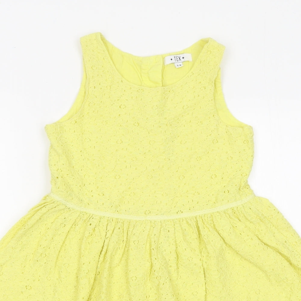 TEX Girls Yellow Floral 100% Cotton Fit & Flare Size 7-8 Years Round Neck Button
