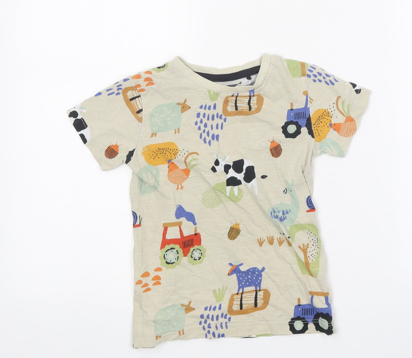 NEXT Boys Beige Geometric Polyester Basic T-Shirt Size 2-3 Years Round Neck Pullover - Farm prints