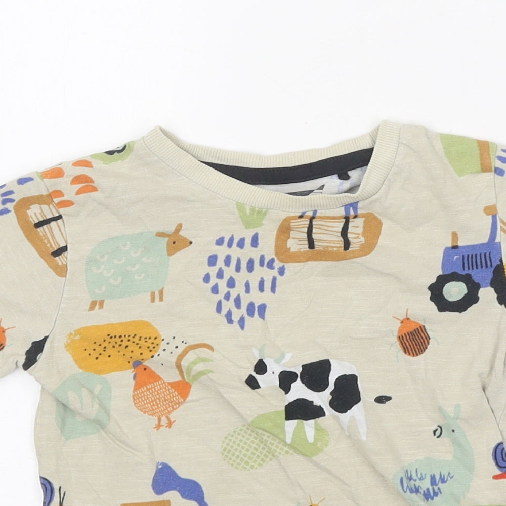NEXT Boys Beige Geometric Polyester Basic T-Shirt Size 2-3 Years Round Neck Pullover - Farm prints