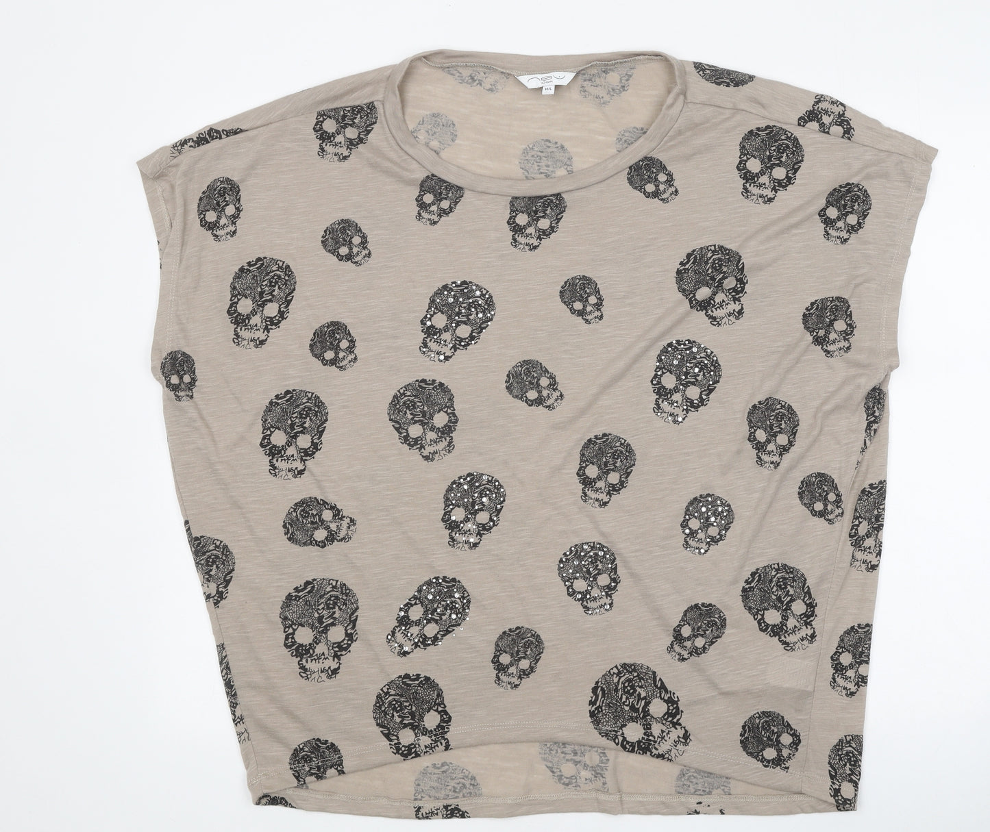 New Look Womens Brown Geometric Polyester Basic T-Shirt Size M Round Neck - Skull