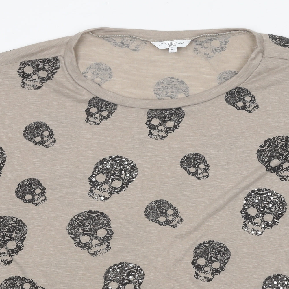 New Look Womens Brown Geometric Polyester Basic T-Shirt Size M Round Neck - Skull