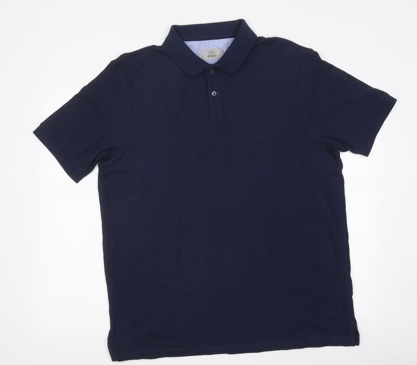 Marks and Spencer Mens Blue Cotton Polo Size L Collared Button