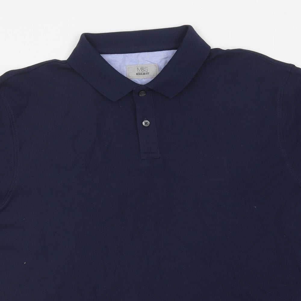 Marks and Spencer Mens Blue Cotton Polo Size L Collared Button