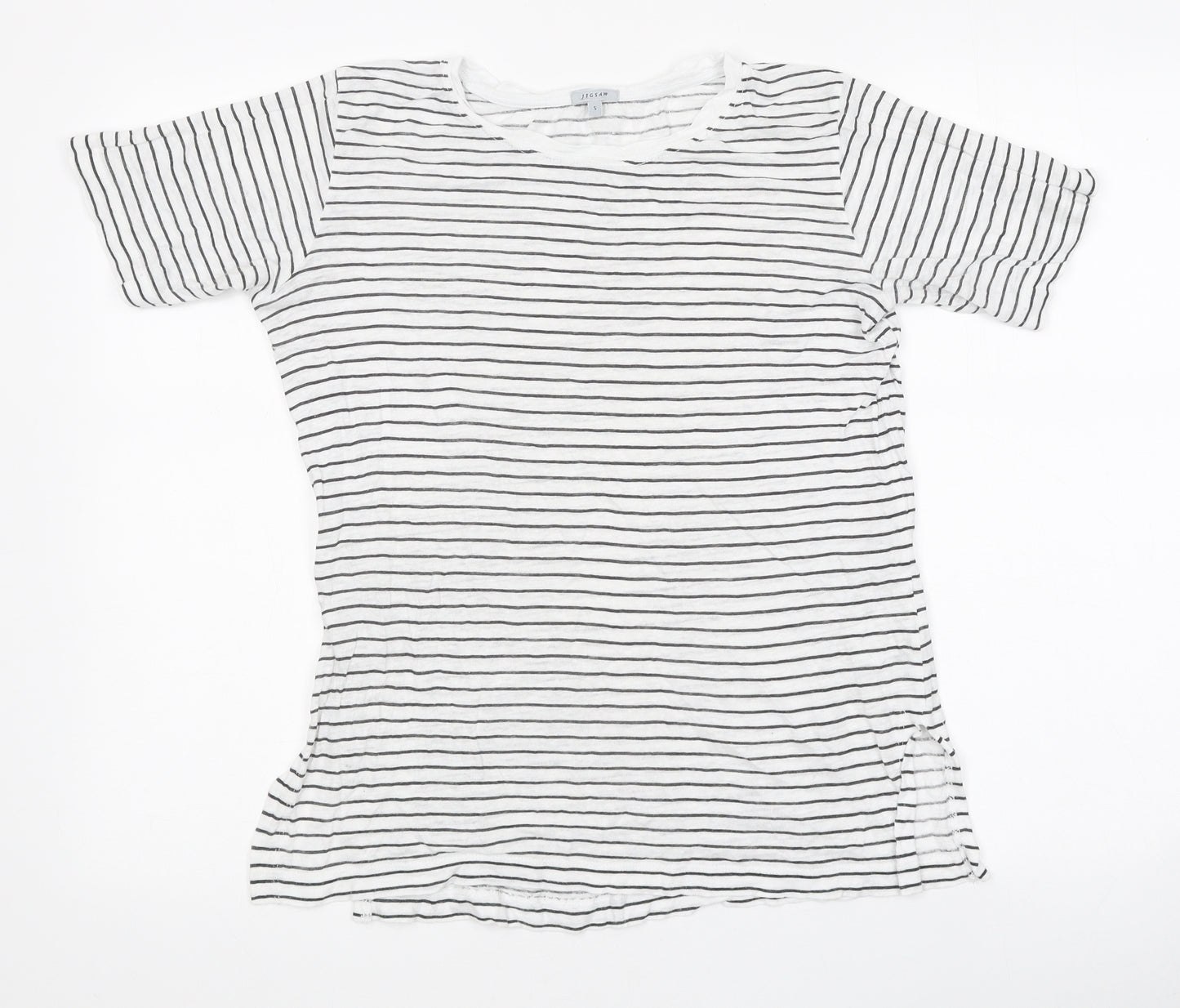 Jigsaw Womens White Striped 100% Cotton Basic T-Shirt Size S Round Neck