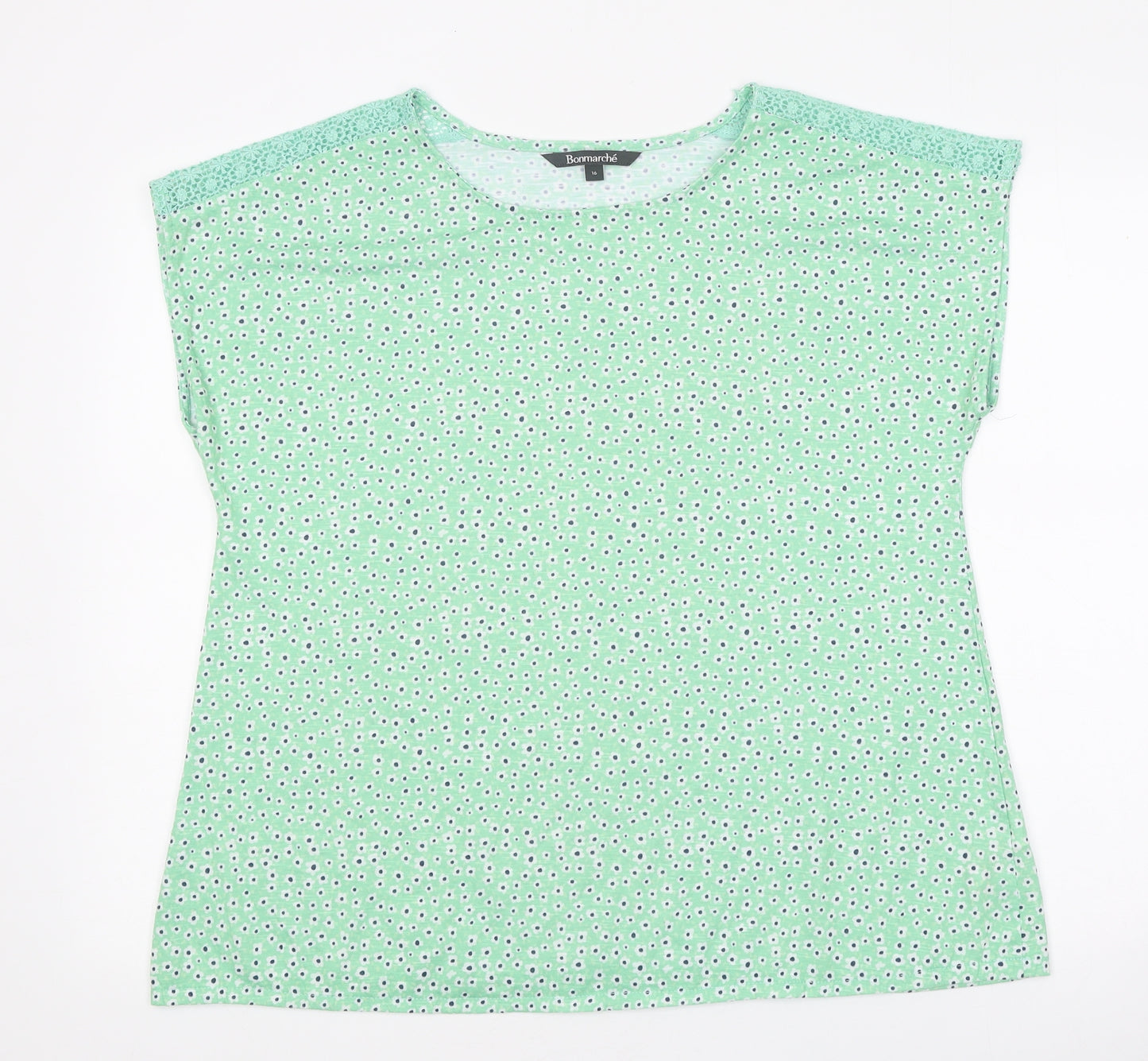 Bonmarché Womens Green Floral 100% Cotton Basic T-Shirt Size 16 Round Neck