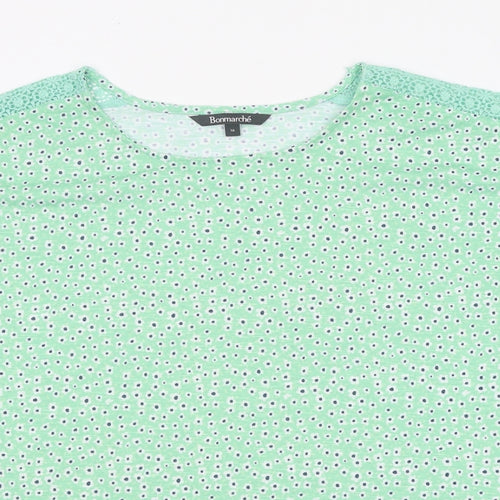 Bonmarché Womens Green Floral 100% Cotton Basic T-Shirt Size 16 Round Neck