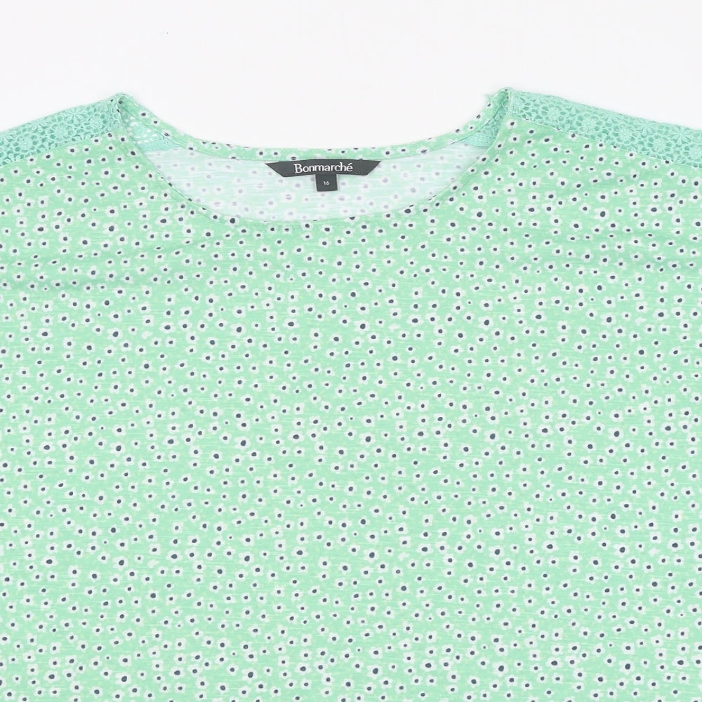 Bonmarché Womens Green Floral 100% Cotton Basic T-Shirt Size 16 Round Neck