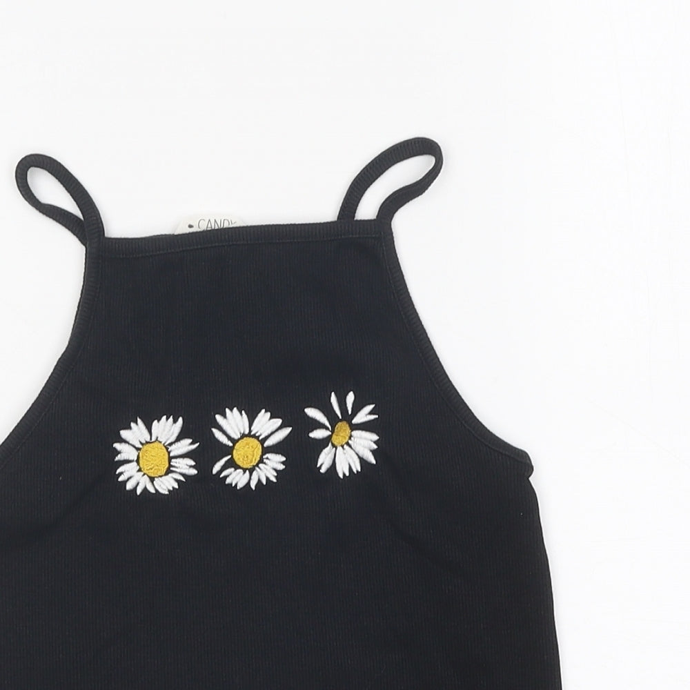 Candy Girls Black 100% Cotton Cropped T-Shirt Size 11 Years Square Neck Pullover - Daisy