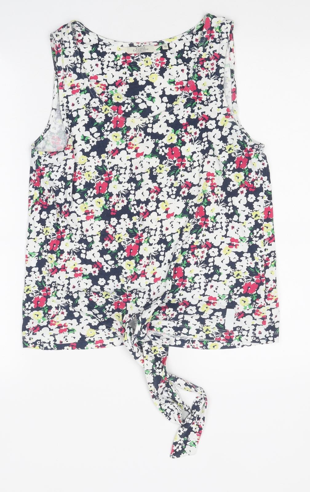 Casual Club Womens Multicoloured Floral Polyester Basic Blouse Size 12 Boat Neck - Tie Front