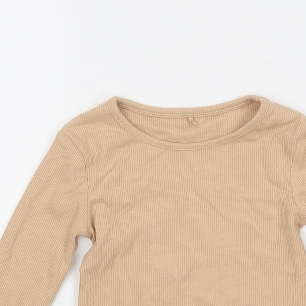 George Girls Beige Polyester Basic T-Shirt Size 2-3 Years Round Neck Pullover - Ribbed