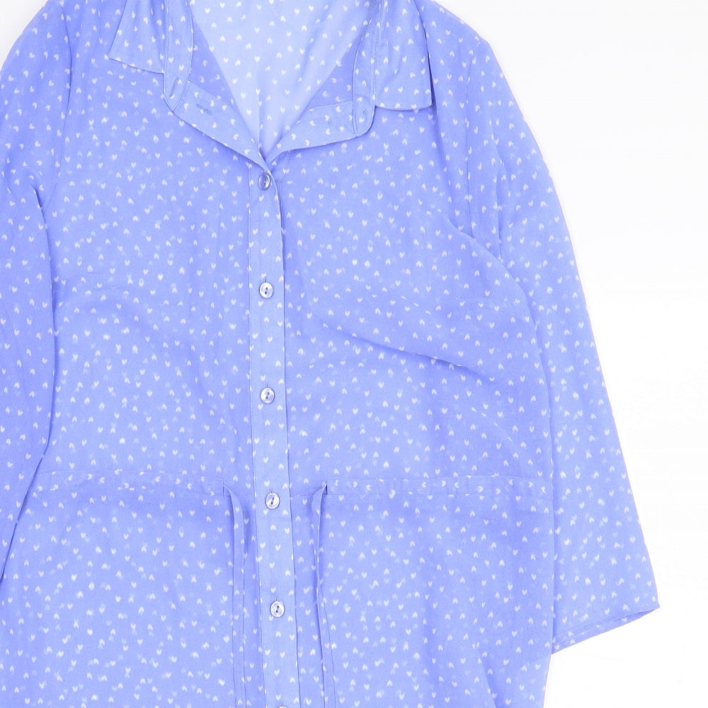 TU Womens Blue Geometric Polyester Tunic Button-Up Size M Collared - Heart Print