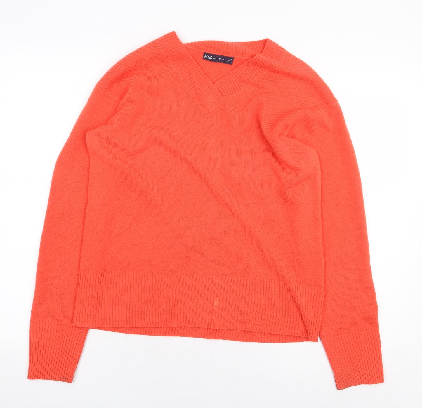 Marks and Spencer Womens Orange V-Neck Acrylic Pullover Jumper Size 12