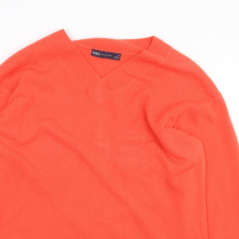 Marks and Spencer Womens Orange V-Neck Acrylic Pullover Jumper Size 12