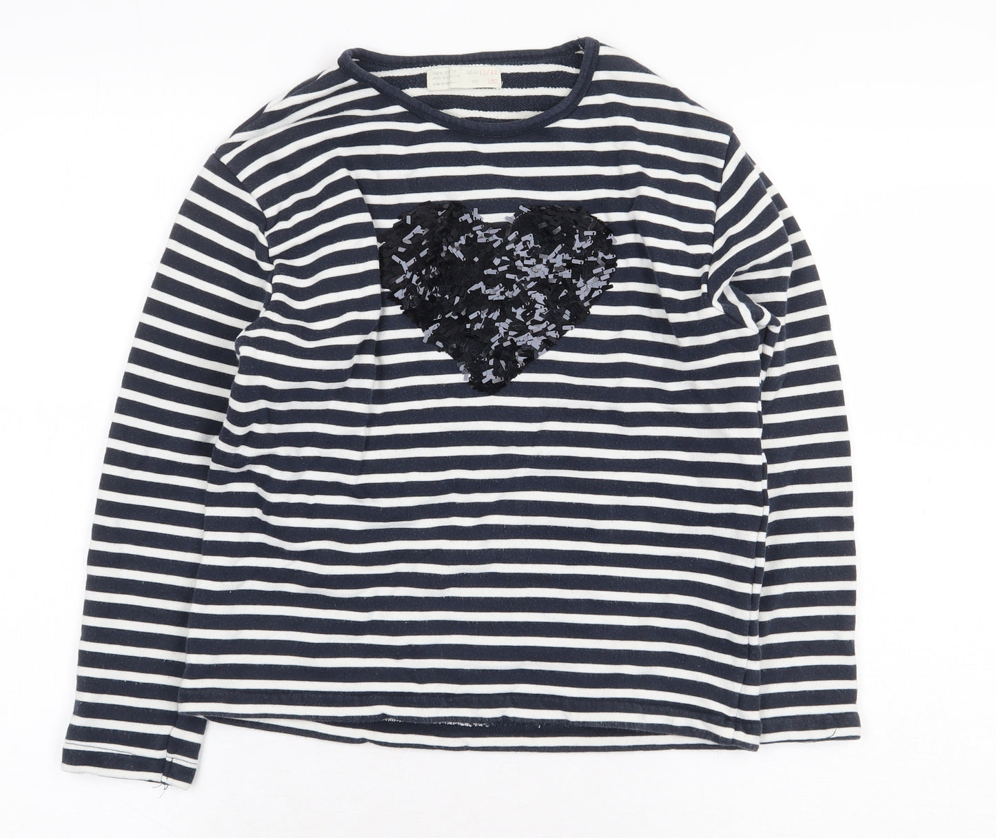 Zara Girls Black Striped Cotton Pullover Sweatshirt Size 11-12 Years Pullover - Heart