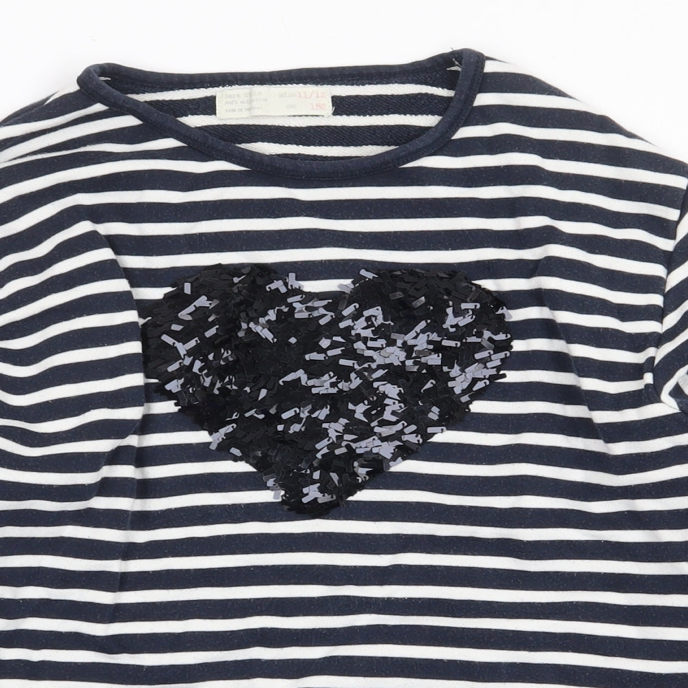 Zara Girls Black Striped Cotton Pullover Sweatshirt Size 11-12 Years Pullover - Heart