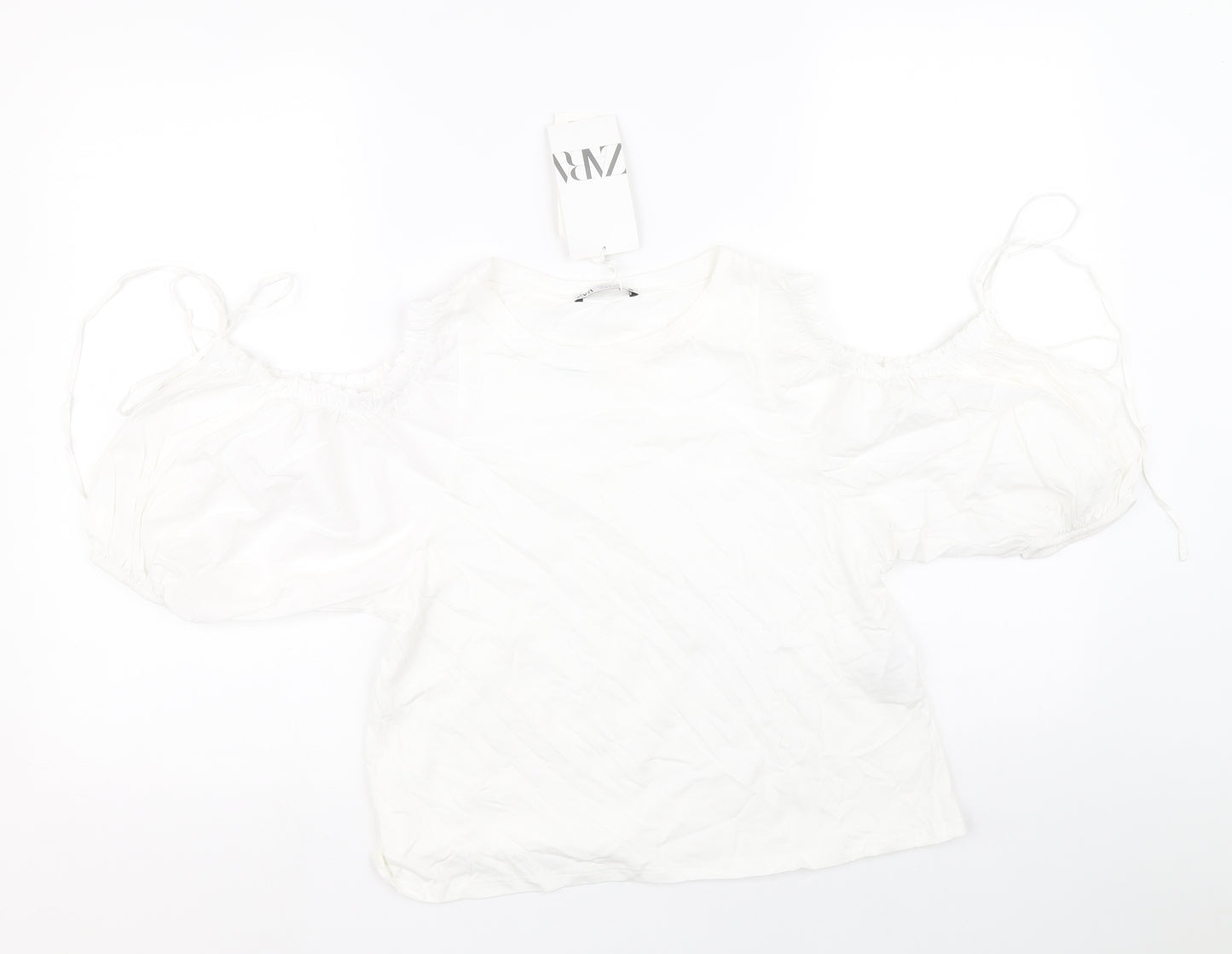 Zara Womens White Cotton Basic Blouse Size S Round Neck - Cold Shoulder