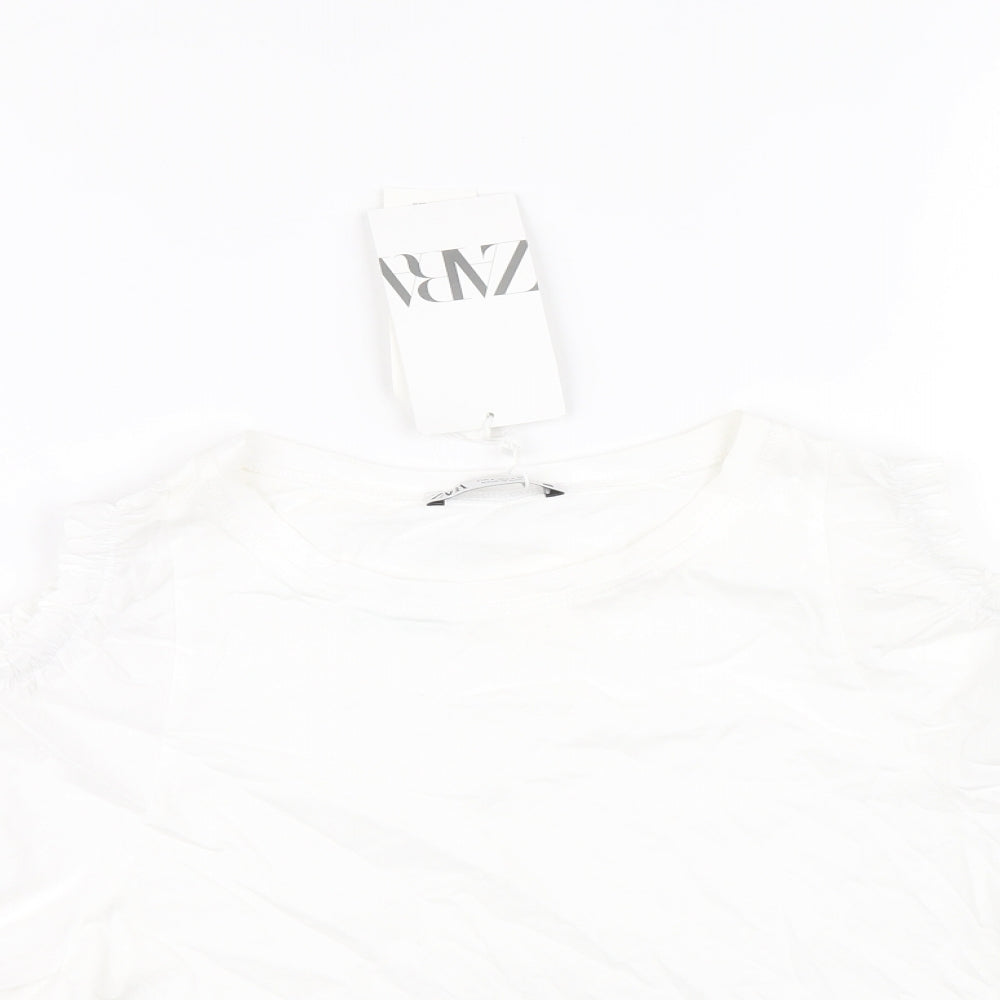 Zara Womens White Cotton Basic Blouse Size S Round Neck - Cold Shoulder
