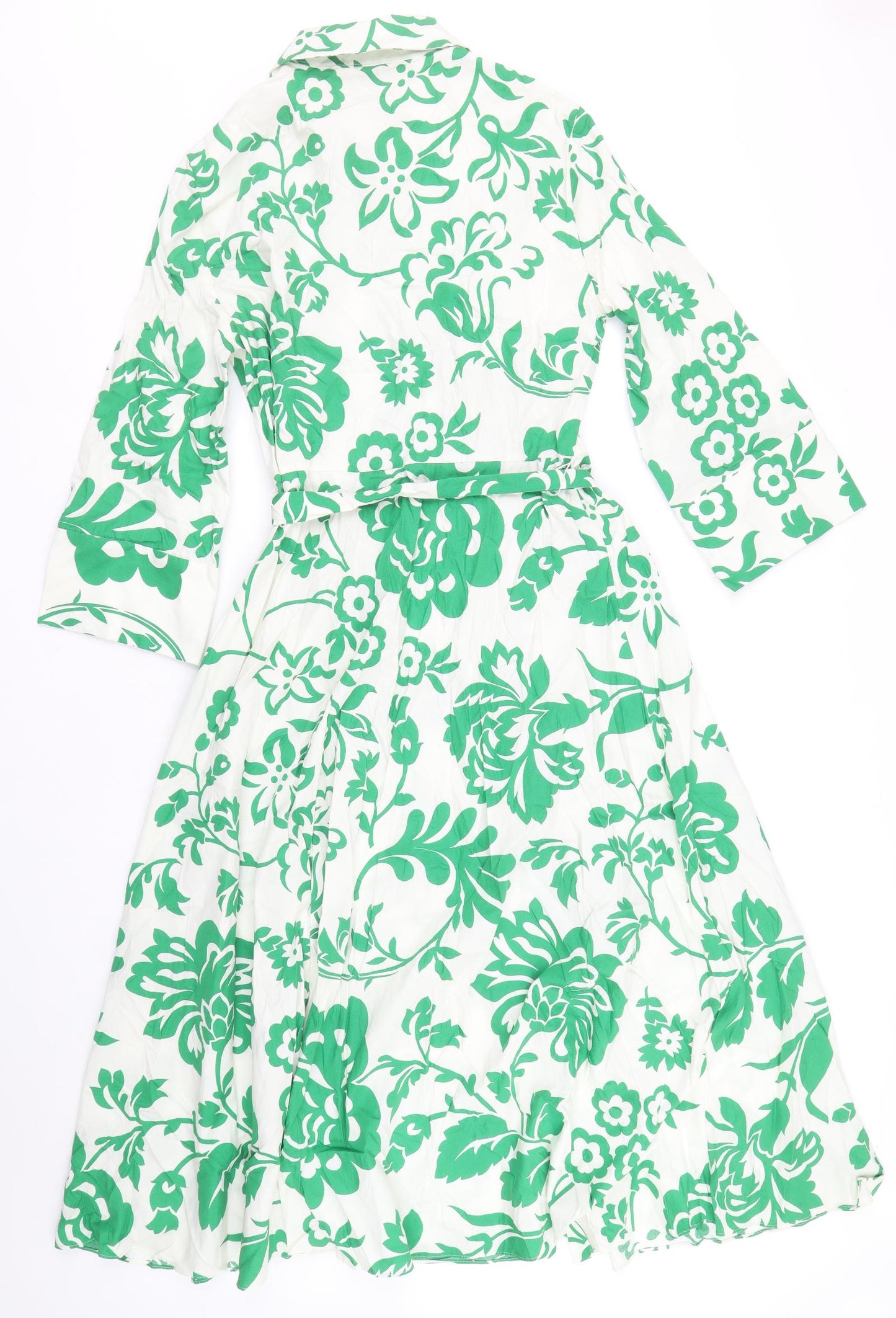 Zara Womens Green Floral Cotton Shirt Dress Size L Collared Button
