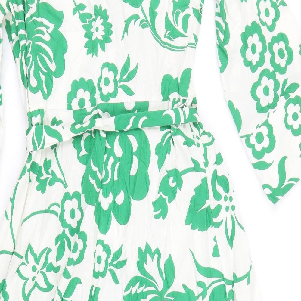 Zara Womens Green Floral Cotton Shirt Dress Size L Collared Button