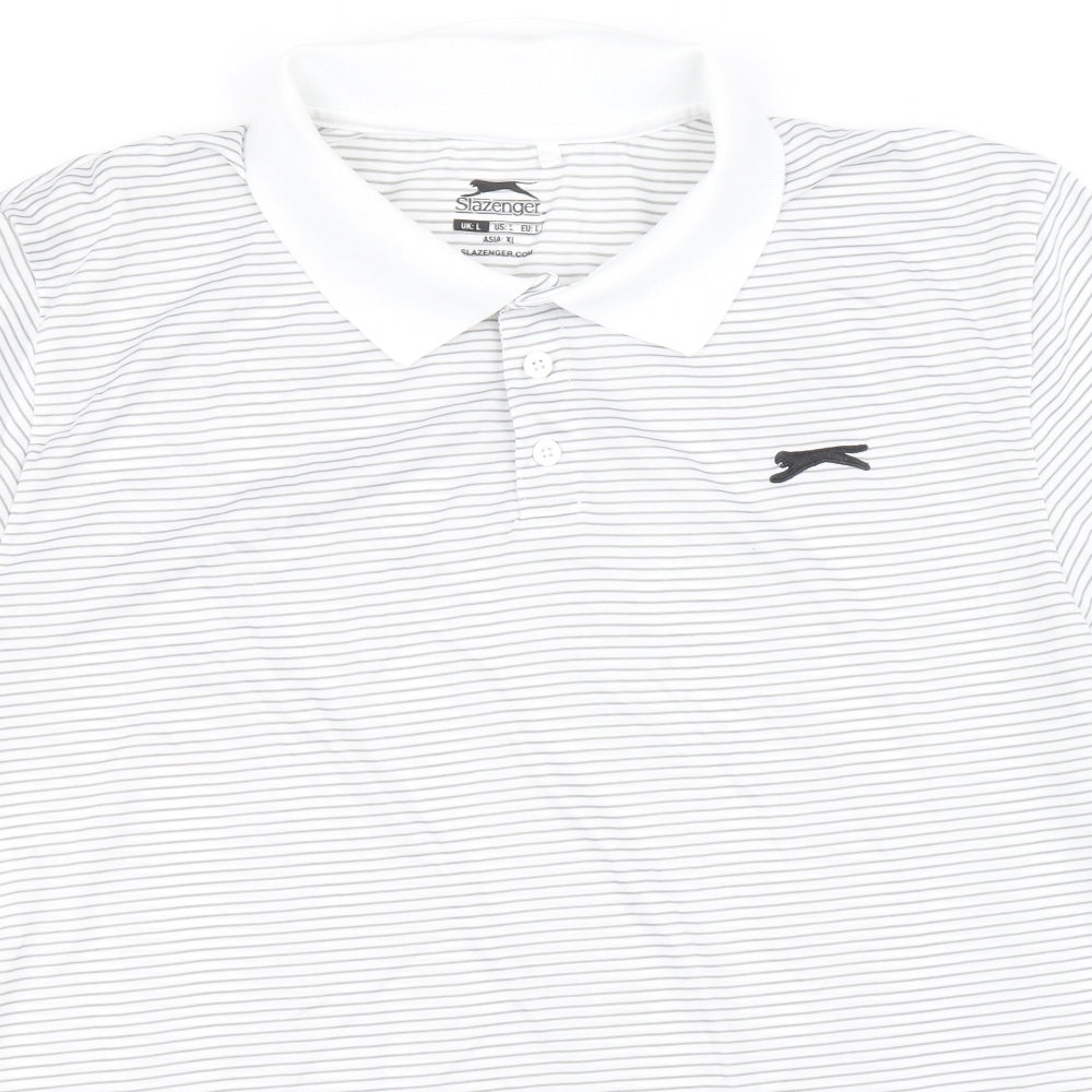 Slazenger Mens Grey Striped Polyester Polo Size XL Collared Button