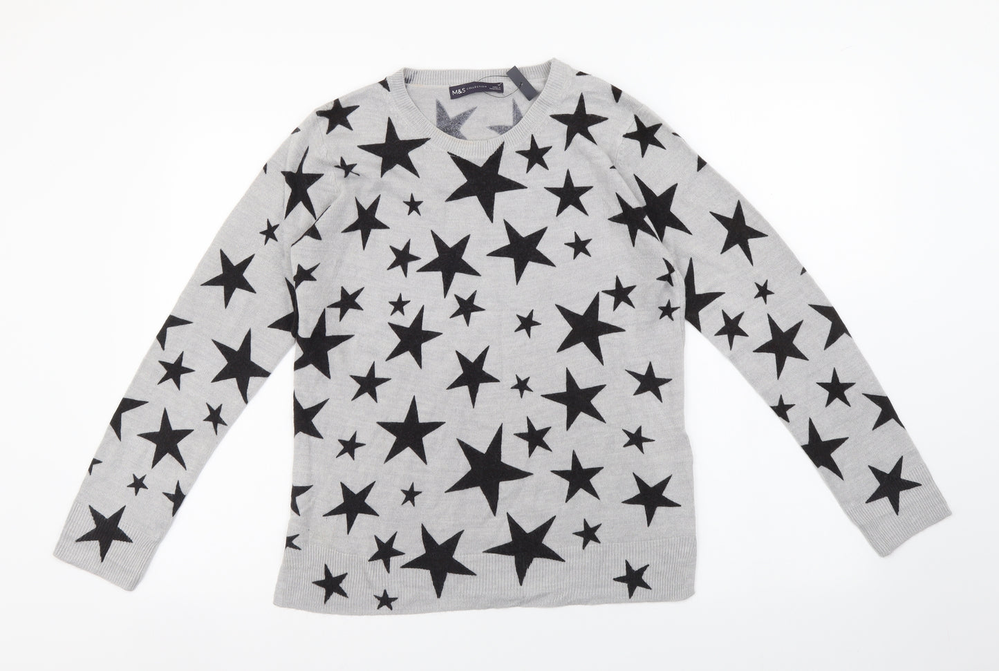 Marks and Spencer Womens Grey Round Neck Geometric Acrylic Pullover Jumper Size 10 - Star Pattern