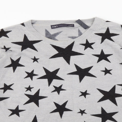 Marks and Spencer Womens Grey Round Neck Geometric Acrylic Pullover Jumper Size 10 - Star Pattern