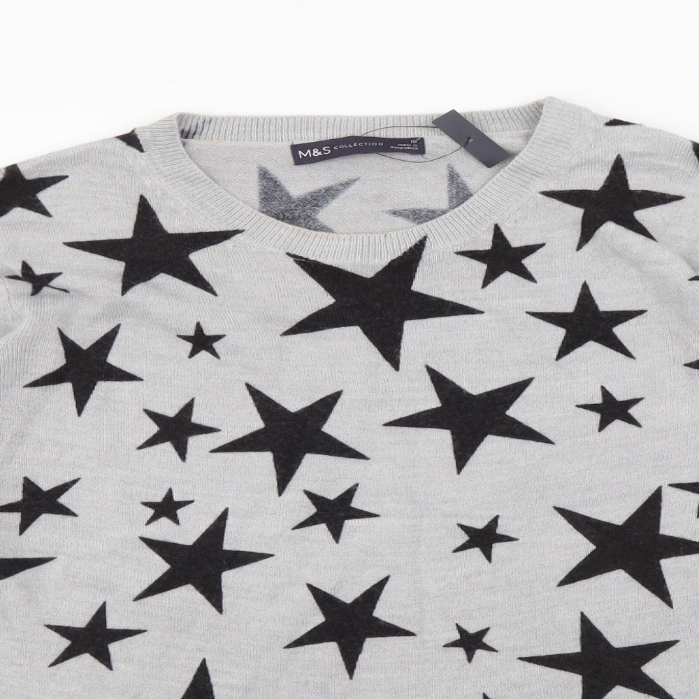 Marks and Spencer Womens Grey Round Neck Geometric Acrylic Pullover Jumper Size 10 - Star Pattern