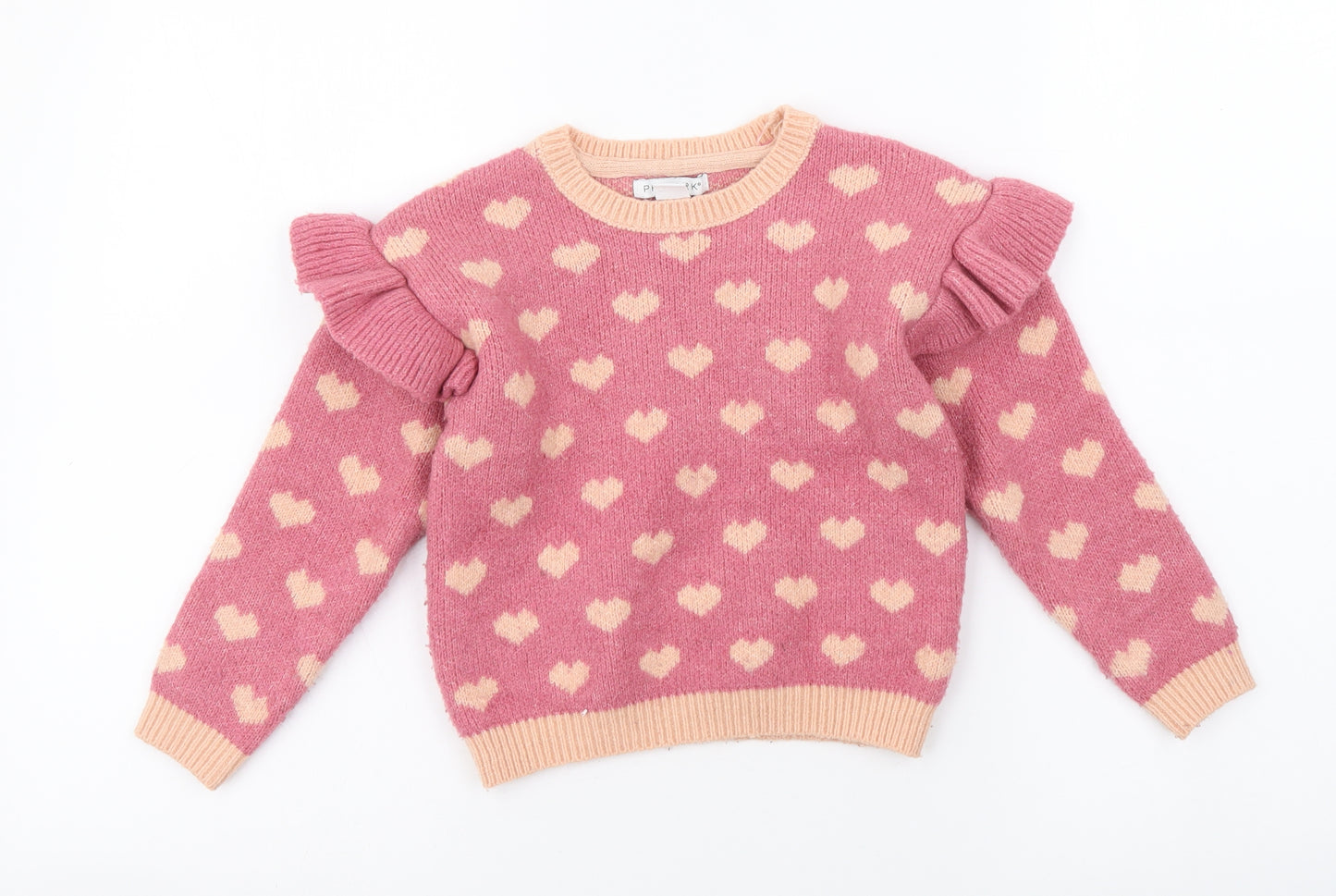 Primark Girls Pink Round Neck Geometric Polyester Pullover Jumper Size 4-5 Years Pullover - Heart Pattern