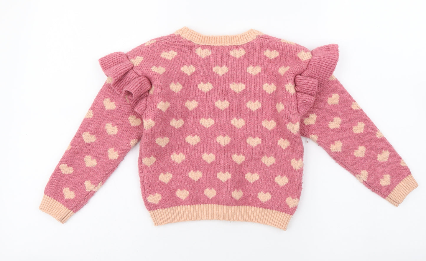 Primark Girls Pink Round Neck Geometric Polyester Pullover Jumper Size 4-5 Years Pullover - Heart Pattern