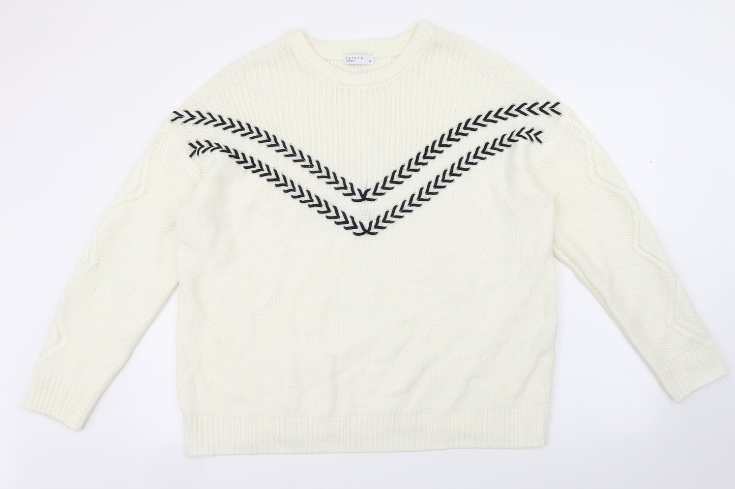 Papaya Womens White Round Neck Acrylic Pullover Jumper Size XL