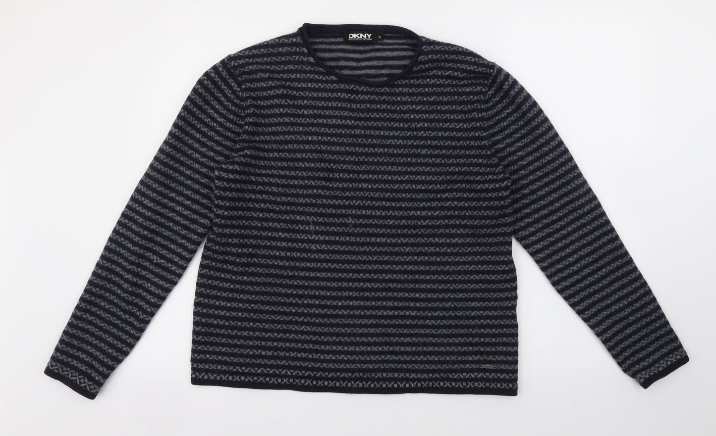 DKNY Mens Blue Round Neck Striped Wool Pullover Jumper Size XL
