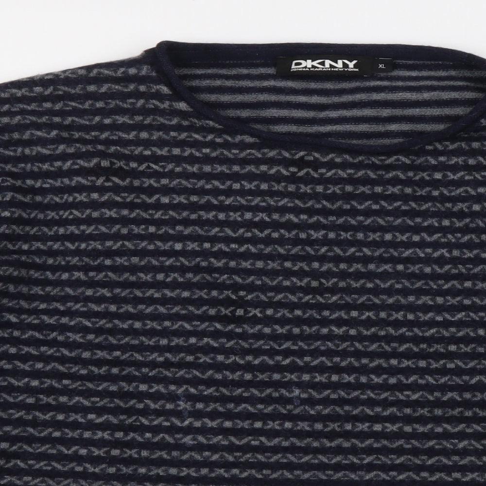 DKNY Mens Blue Round Neck Striped Wool Pullover Jumper Size XL